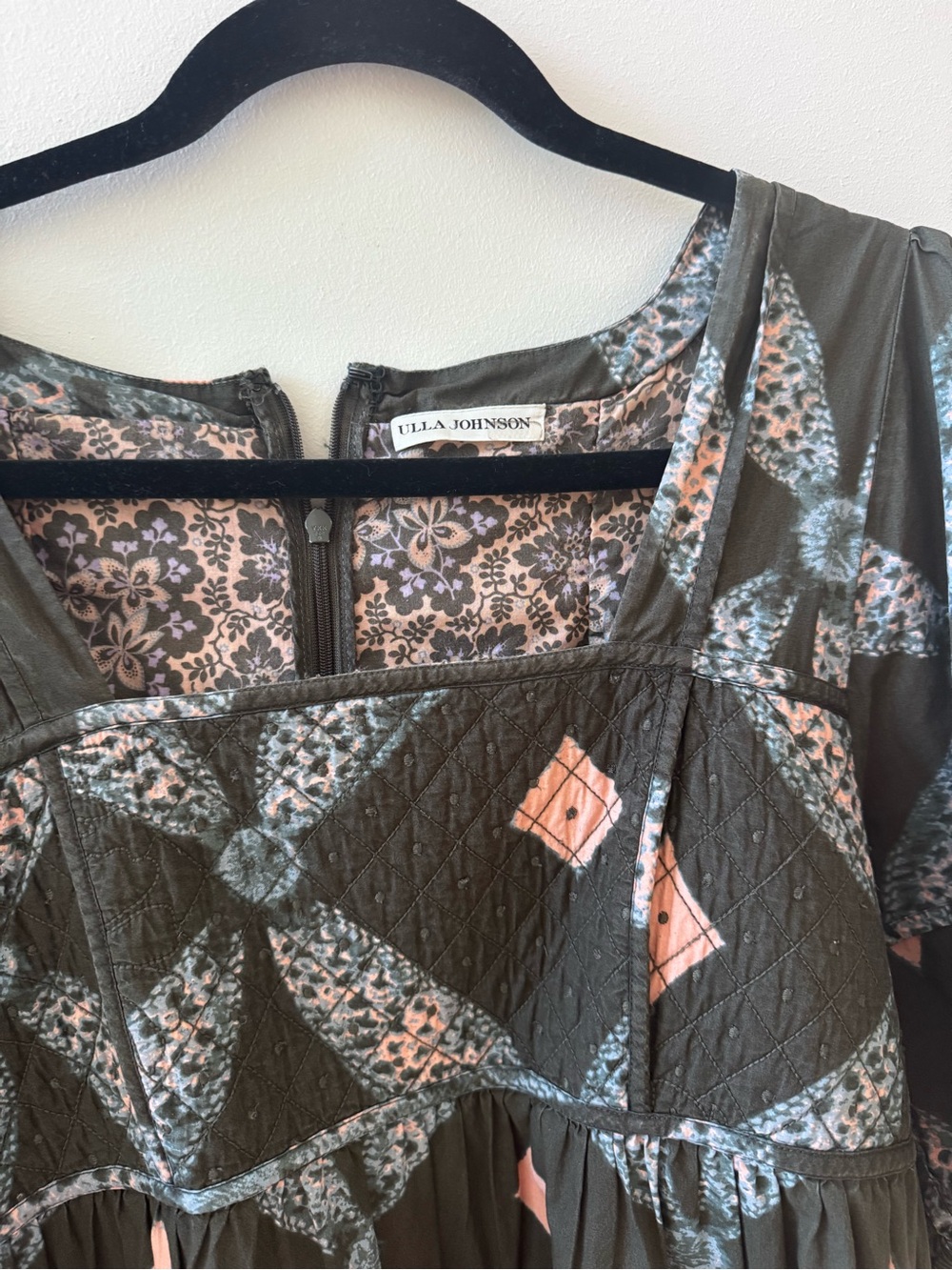 Ulla Johnson Square Neck Tiered Midi Dress in Olive Geo Print - Picture 2 of 5